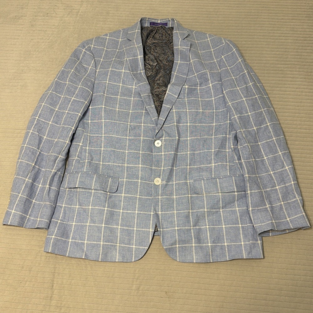 Tallia The Mason Fit Plaid Linen Sports Jacket Blazer Size L Mens Blue white